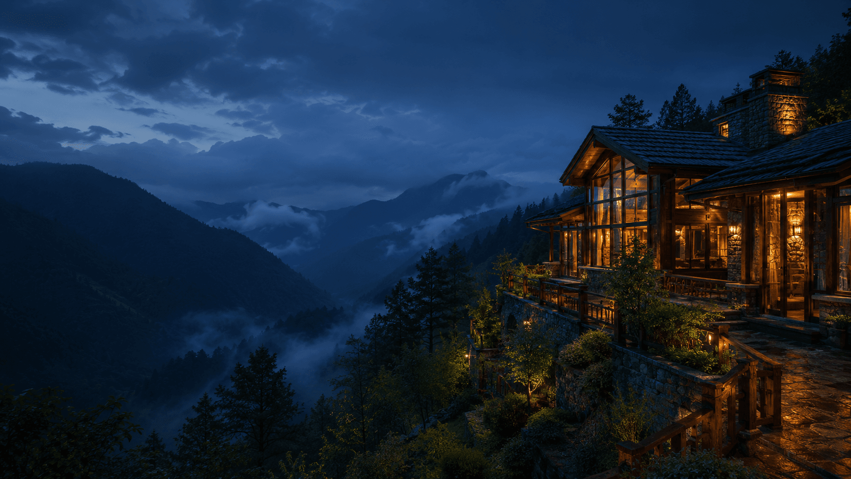 Premium Himalayan lodge glowing at night above a mountain valley