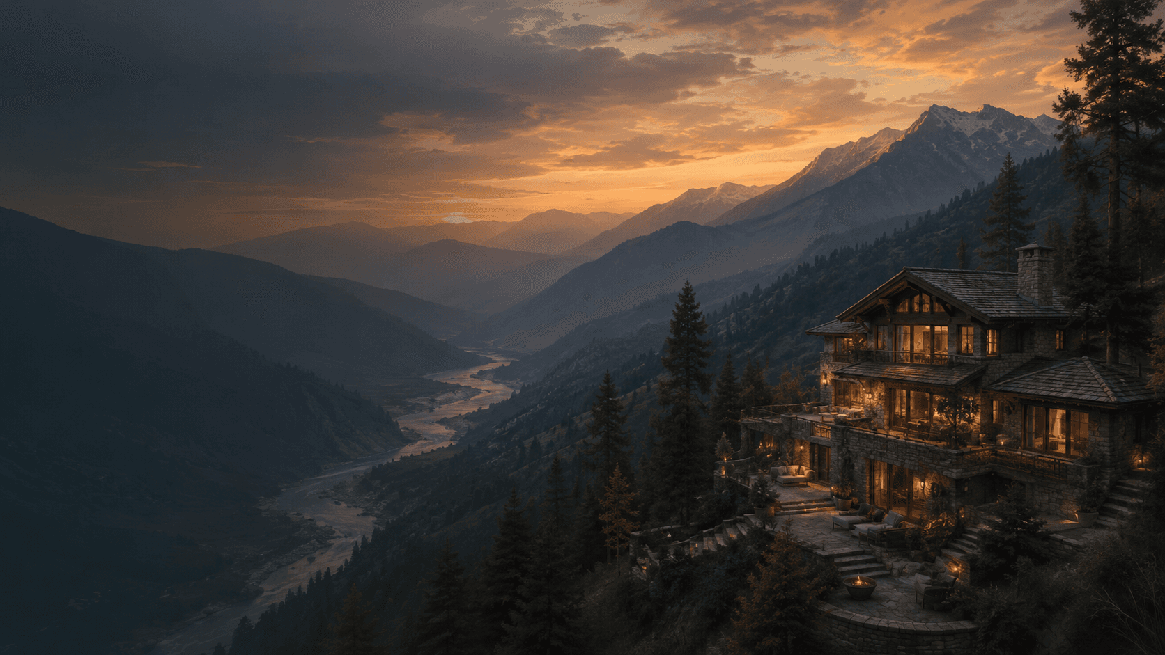 Dark Uttarakhand mountain retreat with warm cabin lights