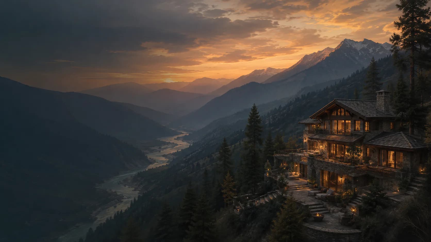 Dark Uttarakhand mountain retreat with warm cabin lights