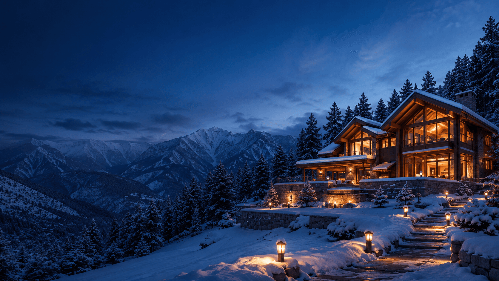 Warm glass lodge surrounded by pine forest and mountain dusk