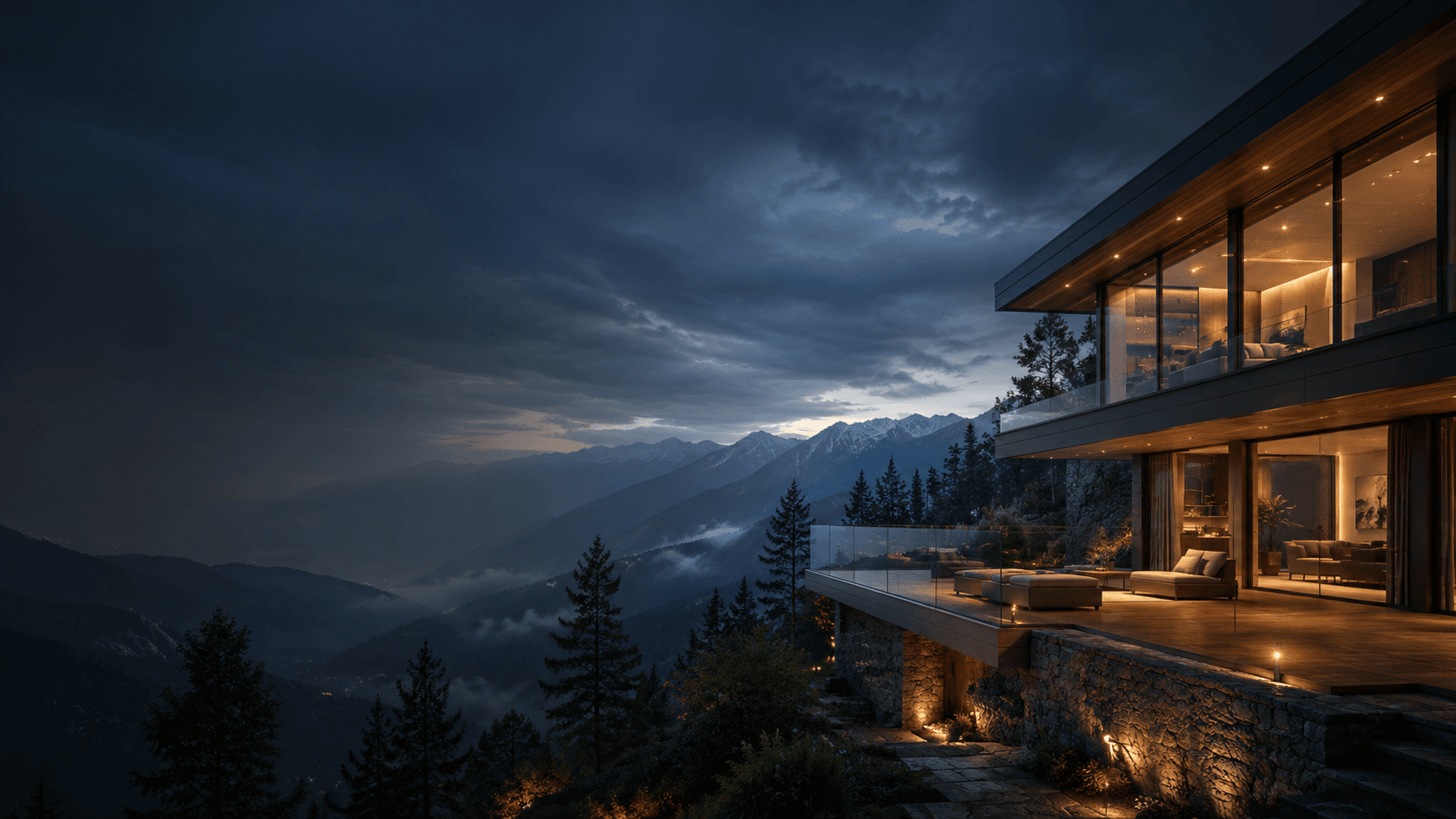 Curated mountain stay with golden lights in a dark Himalayan landscape