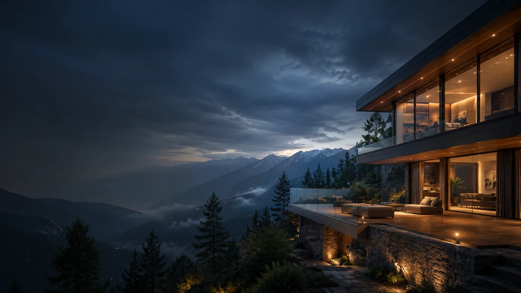 Curated mountain stay with golden lights in a dark Himalayan landscape